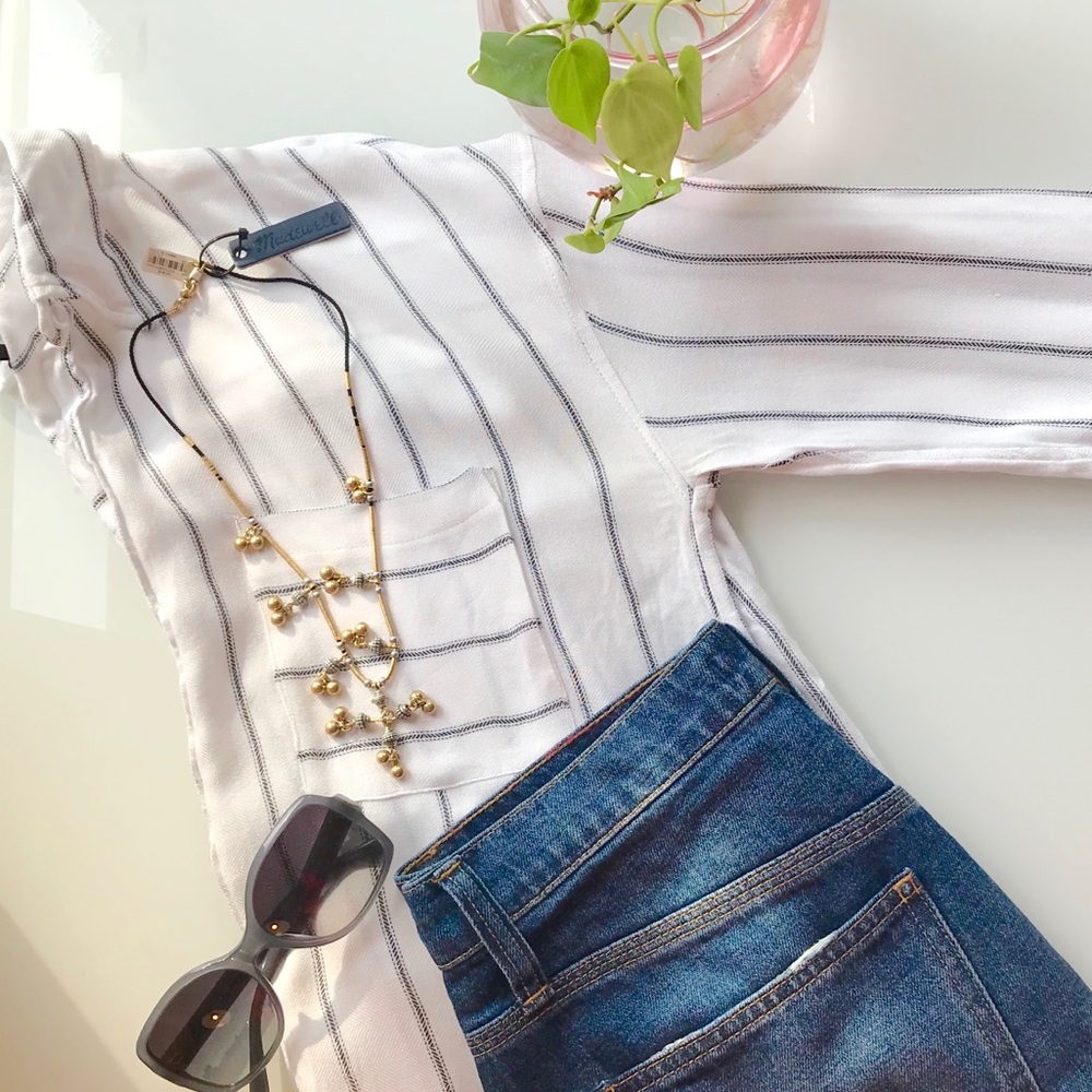 White Button Down Shirt with Blue Stripes